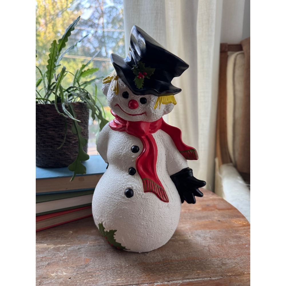 Vintage Hand Painted Ceramic Snowman Figurine Christmas Decor Candy Cane 11.5"‎